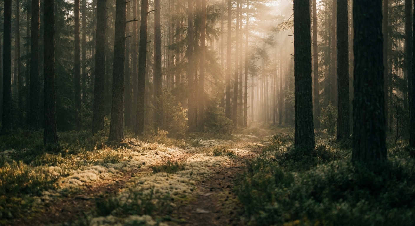 Morgenlys gjennom en nordisk furuskog